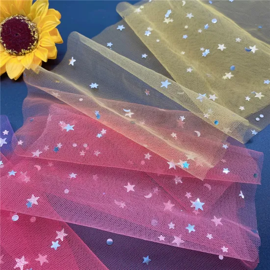 Rainbow Tulle Mesh Fabric with Sequin Stars