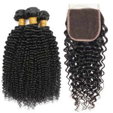 Afro kinky curly 3 bundles with closure  indian human hair bundles with closure  curly hair in wholesale natural color