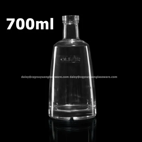 Strong quality trapezoid shaped embossing 70 cl clear glass bottles