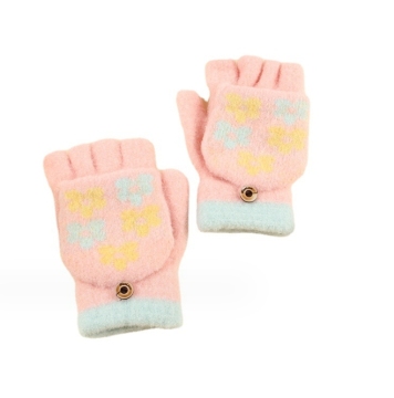 Floral Patterned Fleece Knit Gloves with Half Finger Flip Top - Winter Warm Thickened with Fleece Material