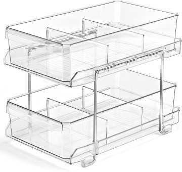 2-Tier Clear Plastic Storage Bins with Removable Dividers - Ideal for Bathroom, Under Sink, Kitchen Fridge Organization - Wholesale Options Available