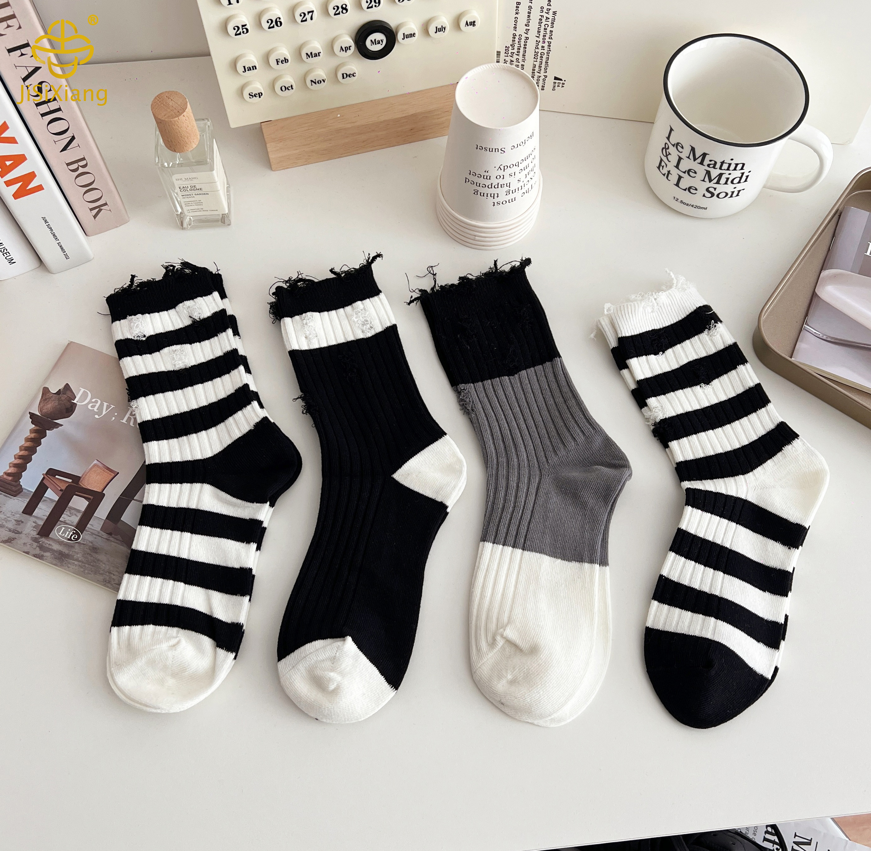 Black and white striped double needle socks