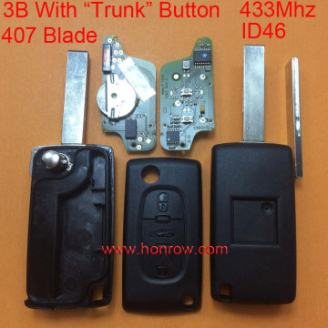 Hot sale products-- Original Citroen FSK 3 button flip remote key with HU83 407 blade ( With trunk button) 433Mhz ID46 Chip (Bef