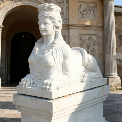 White Marble Sphinx Statue with Serene Female Bust
