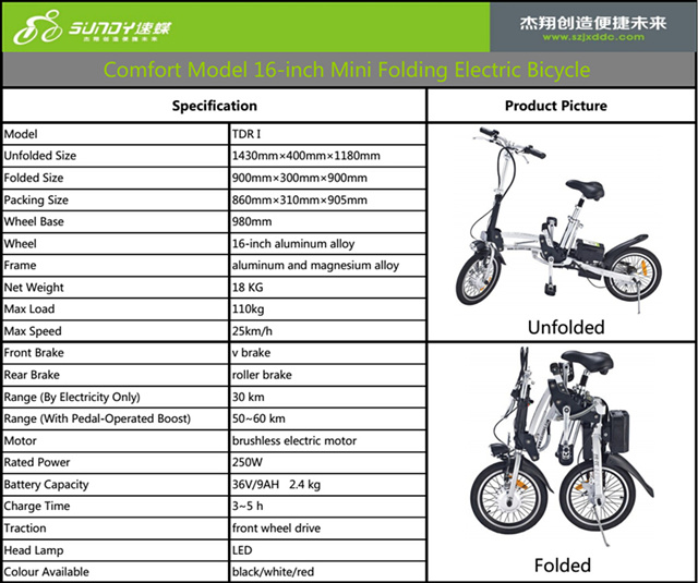 16-Inch Mini Folding Electric Bicycle V Brake E-Bike Battery Bike