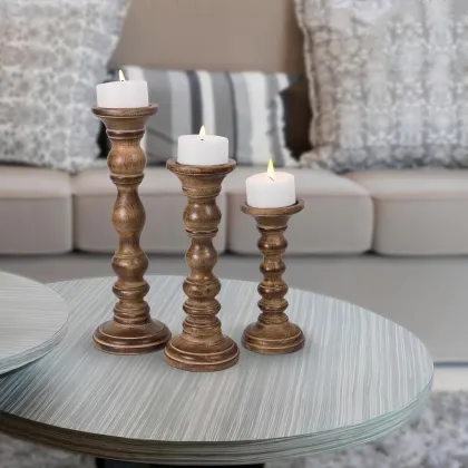 Farmhouse Wooden Candle Holders Pillar Mango Wood Candle Stand