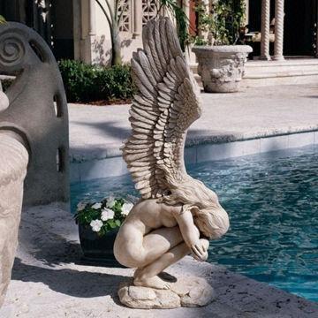 60" Crying or Weeping Sad Angel Polishing Yellow Marble Park Statue