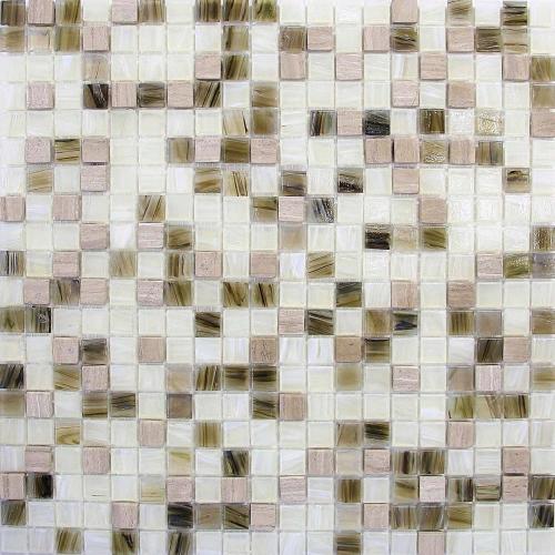 Combination of rustic stone and modern glass tiles
