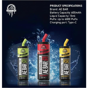 हॉट सेलिंग एई बार डिस्पोजेबल वेप डिवाइस 6000puff