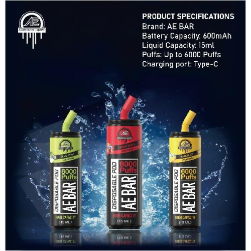 AE BAR อุปกรณ์ Vape แบบใช้แล้วทิ้งขายร้อน 6000puffs