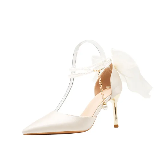 Wedding and Party High Heels: Pointed, Thin Heel Bride's Shoes, Hollow Design, Large Size 43, Bridesmaid Pearls, Women's Footwear