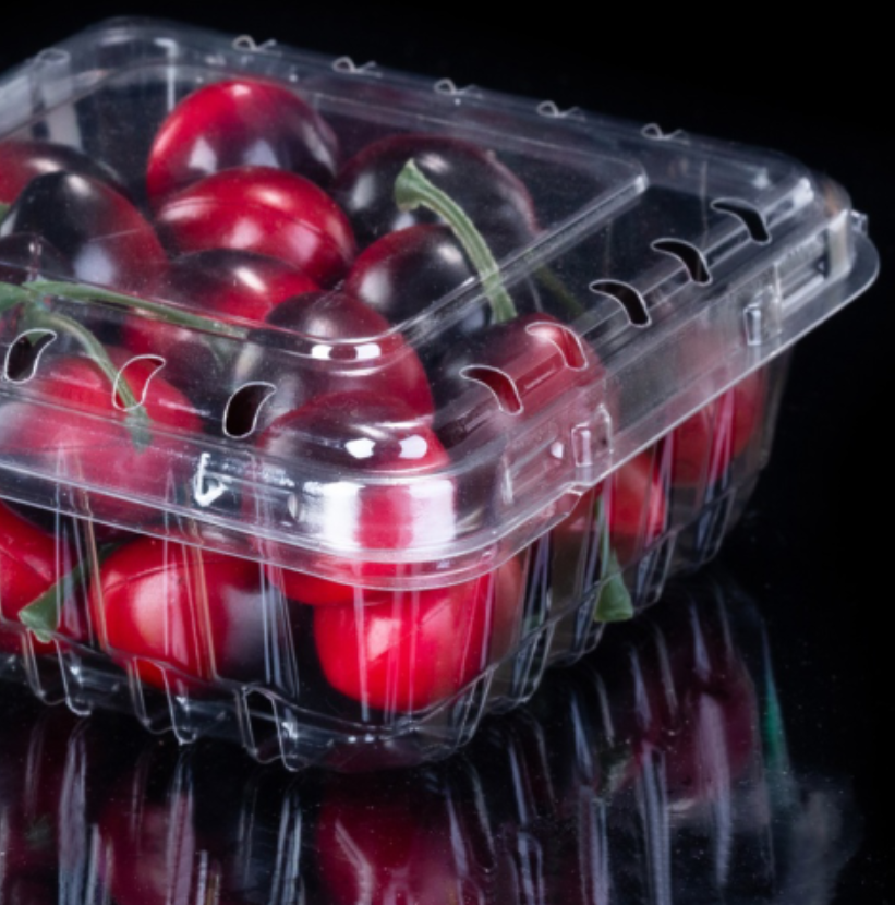 Scatola per imballaggio di frutta con coperchio ribaltabile con fibbia