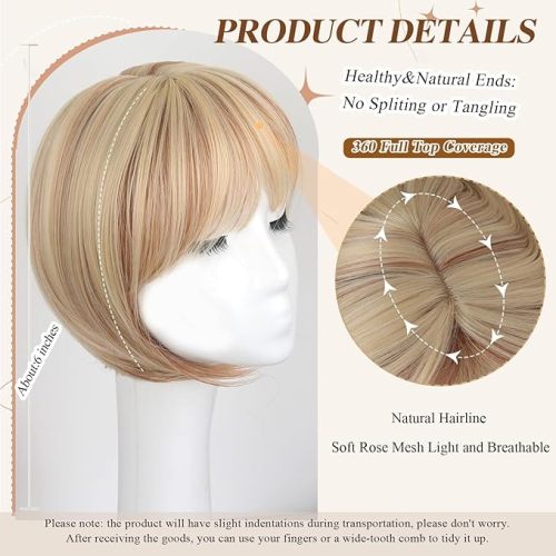 Short Bob Hair Toppers with Bangs Hair ToppersHighlight Synthetic Wig Toppers8*6*2inches