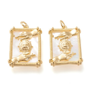 PandaHall Rectangle Jump Rings with Sun Golden Brass Natural Shell Pendants - Long-Lasting Plating