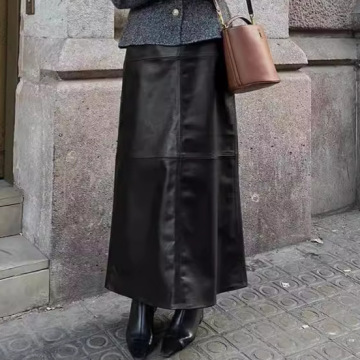 Custom New Women Black Matte Leather Long Skirts - Slim High Waist Stretch Party Skirt