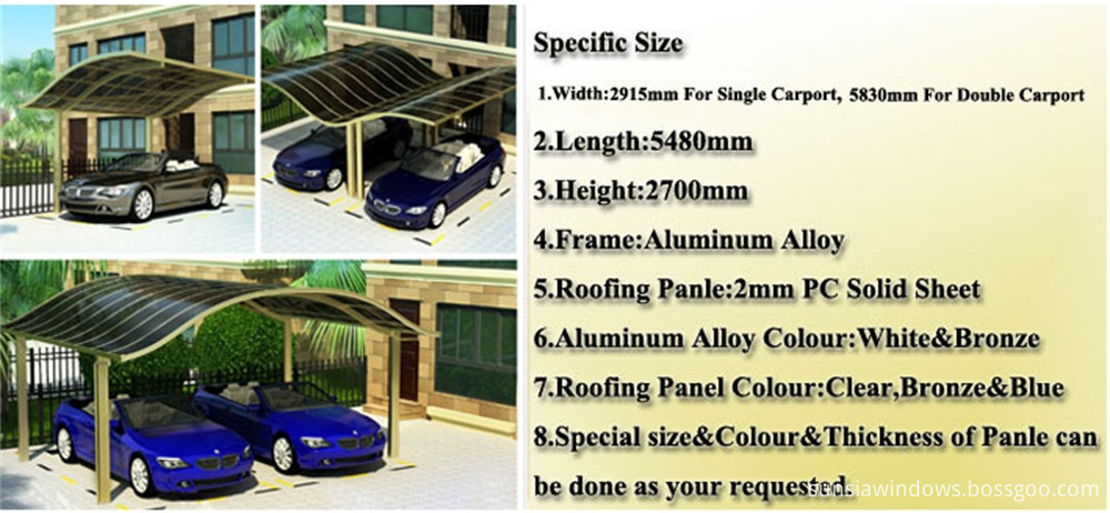 Specification of European Style Aluminum Double Carport