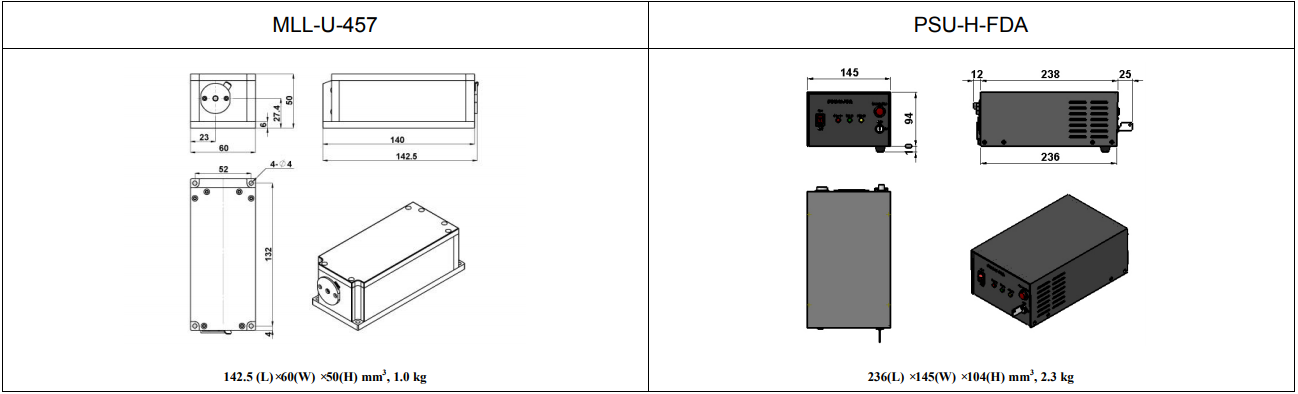 dimensions of 457nm laser