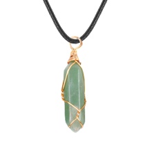 Green Aventurine Hexagonal Pointed( 8x32mm) Pendant Wrapped Gold Wire Necklace 45cm Black Cord