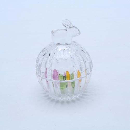 Bunny Shapped Handle Ribbed Clear Glass Candy Jar With Lid