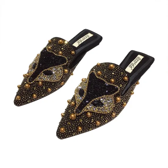 2024 Summer Luxury Women's and Ladies' Large Size 43 Flat Muller Rhinestone Fox Head Slippers: Indoor and Outdoor Beach Style