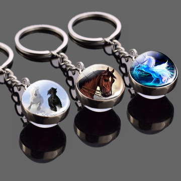 1pc/Set Keyring Keychain Art Picture Glass Ball Key Chain Horse Jewel Time Deluxe Unicorn Double Sides Ornaments FLK