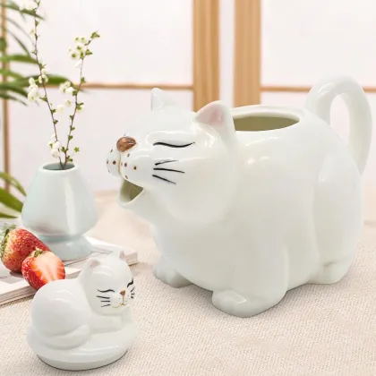 Cute Ceramic Cat Pattern Handmade Porcelain Teapot