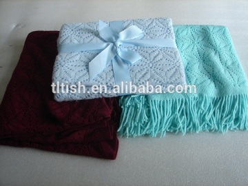 stylishpopular design jacquard hollow out knitted blanket with tassels