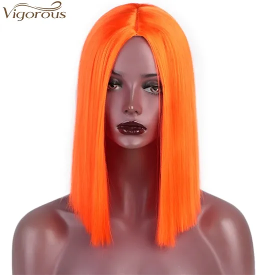 Vigorous Short Straight Bob Wig Middle Part Synthetic Cosplay Wigs For Women High Temperature 14 inches Orange Color Wholesale