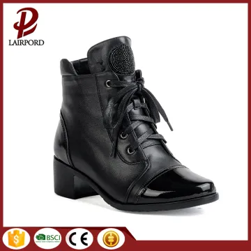 chunky block heel lace strap leather boots