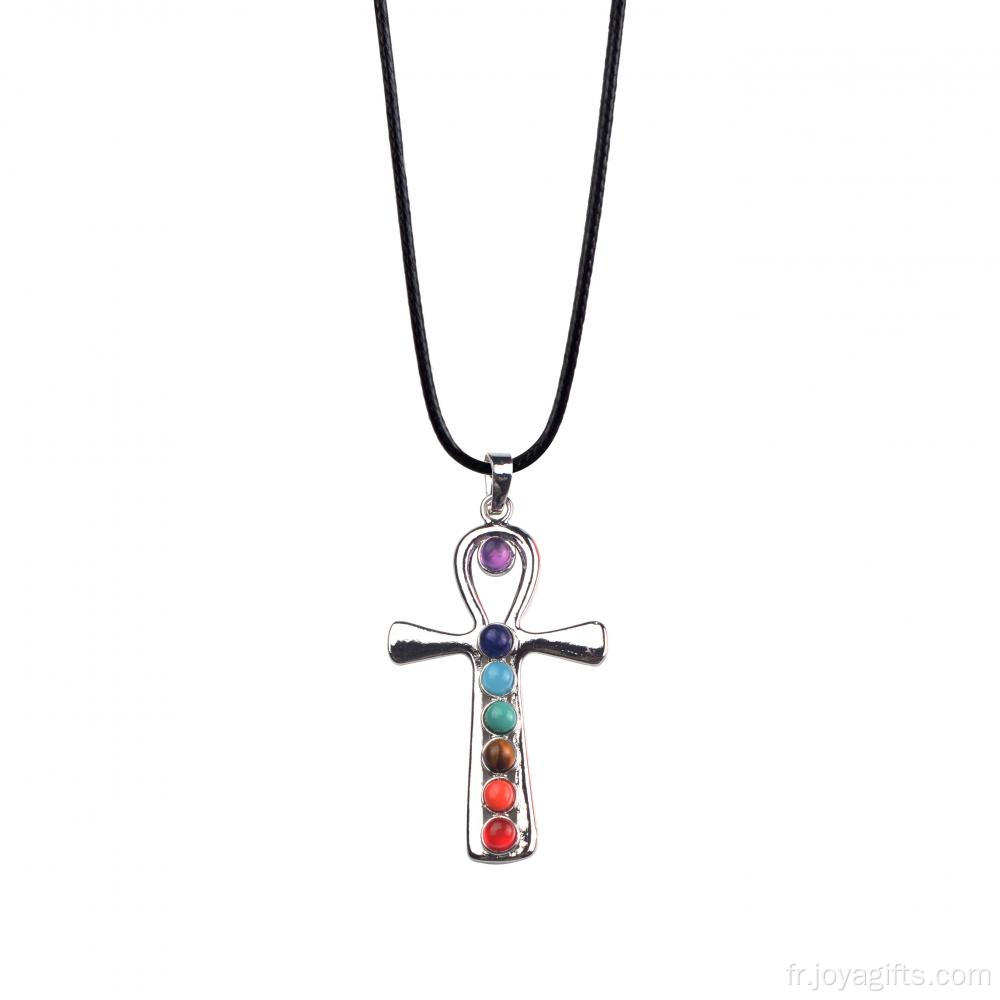 7 la guérison Chakra perles Yoga de méditation Croix pendentif forme Neacklace