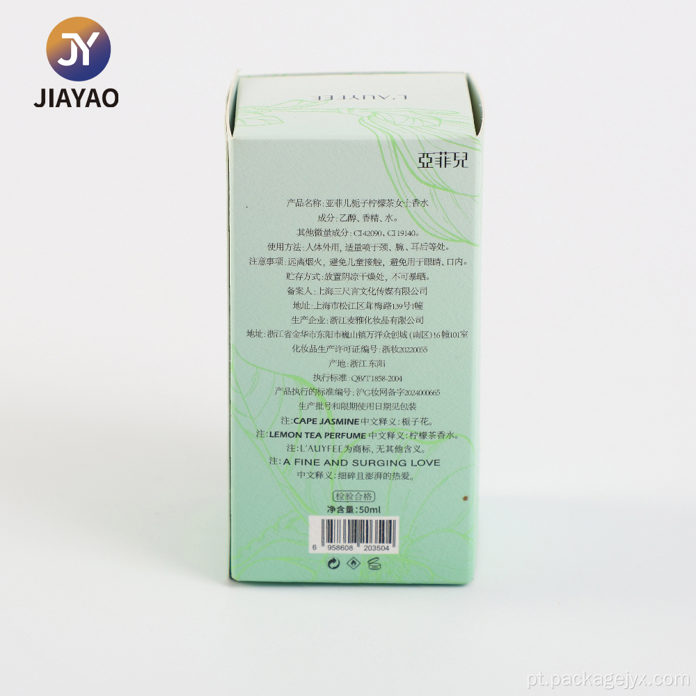 Design elegante de caixa de perfume com folhas verdes
