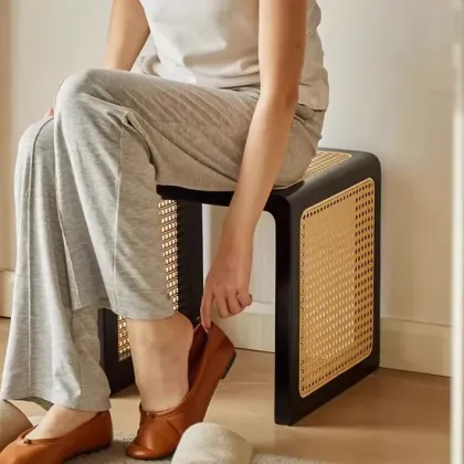 Solid Wood Rattan Storage Bench Cabinet