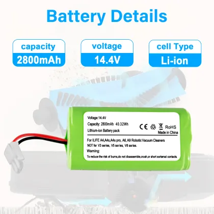 800mAh 14.4V Li-ion Battery for ILIFE A4S, A4S Pro, A6, A7, A9, V7s Plus Robot Vacuums