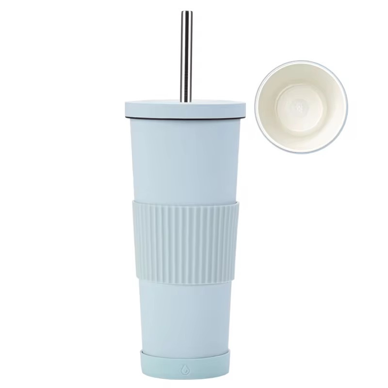 Colorful Ribbed Stainless Steel Tumbler with Straw