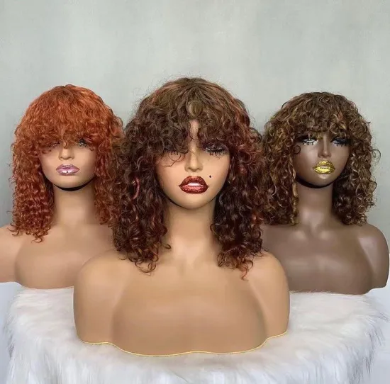 Wholesale Remy Brazilian Virgin Hair 180% Density Glueless Bob with Bangs Short Curly Bob Wig