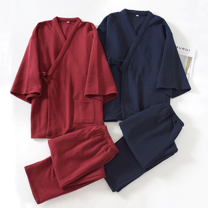 Oversize Japanese Style Kimono Cardigan Pants 2pcs Set Men's Nightwear Cotton Comfortable Home Suit Robe Sleepwear Daily Casual