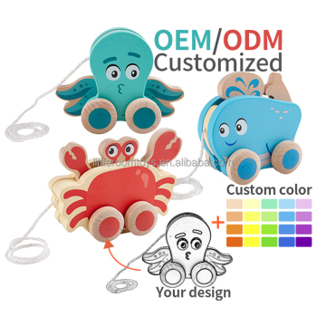 New Design Wooden Cartoon Animal Car Push and Pull Toddler Toy