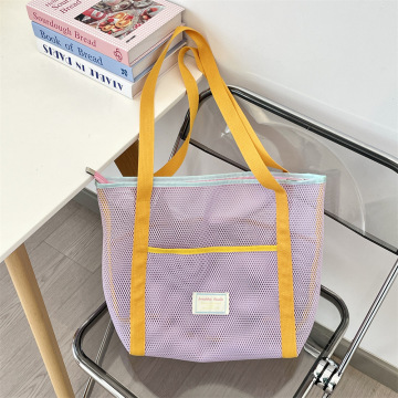 Large Reusable Trendy Polyester Purple Mesh Tote Bag