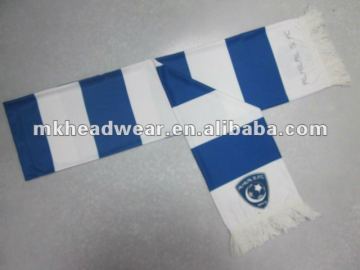 100% polyester scarf with stripe printing and embroidery logo on one side