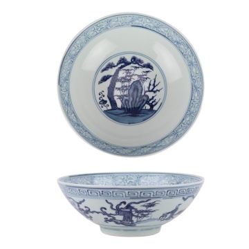 Blue and White Bird Pine Tree Pattern 8 Inch Ceramic Decorative Bowl - RXBR04-A