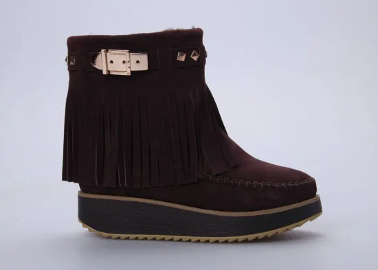 Brown Womens Winter Snow Boots With Curve Collar And Bowtie