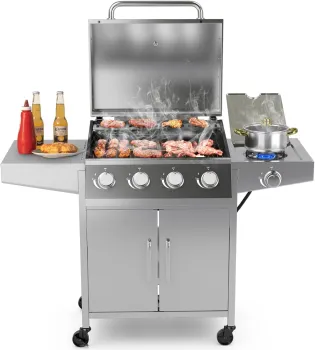 Stainless Steel Propane Gas Grill with 4 Main Burners and 1 Side Burner for Outdoor Use