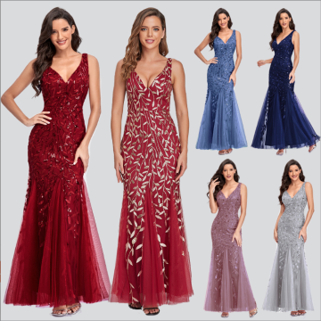 2024 Women's Sexy Long Sleeveless V-neck Embroidered Bead Fish Tail Bridesmaid Evening Dress