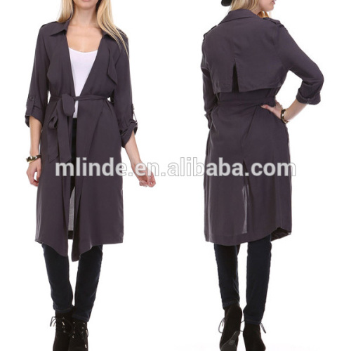 Fashion Modern Apparel Women Trendy Turkey 3/4 Sleeve Plain Spring Winter Coat Charcoal Sheer Trench Long Coat