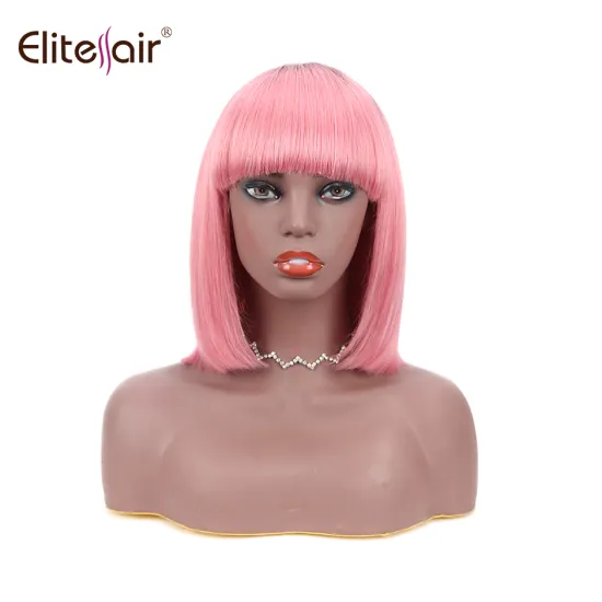 Hot pink Bob Wig with Bangs Straight Human Hair Non Lace Brazilian Virgin Hair Short Wigs For Black Women Full Machine Made Wigs