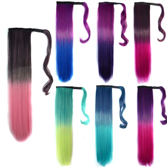 Purple Blue Pink Ombre Color Long Warp Around Synthetic Ponytail Hairpiece High Temperature Fiber Ponytails Extensions