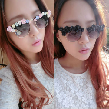 3D Pink Flower Half-frame Exaggerated Style Metal Sun Glasses