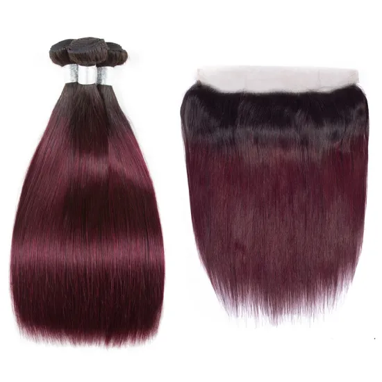 Wholesale Factory 1B 99J bundle With Closure Straight Hair Weave Cuticle Aligned Hair With Frontal