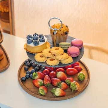 Natural Black Stone Slate 2-Tier Tray, Wood Round Cake Stand & Plate Stand for Birthday and Wedding Decorations