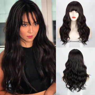 Vigorous Long Wavy Wigs African American Synthetic Hair Brown Wigs with Bangs Heat Resistant Wig For Black Women